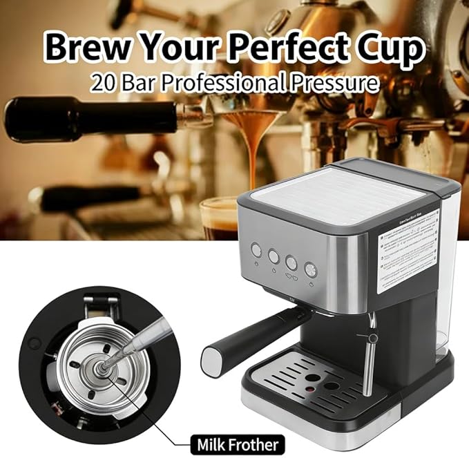 Semi Automatic Compact Coffee Machine 20 Bar Milk Frother Steam Wand 1.5L Water Tank - Quick Preheat Stylish Design Ideal for Home Cappuccino and Latte