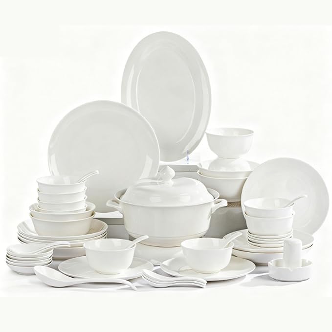 White Ceramic Dinnerware Set: Plates &amp Bowls for Kitchen Microwave &amp Dishwasher Safe Dishes Collection (60pcs)