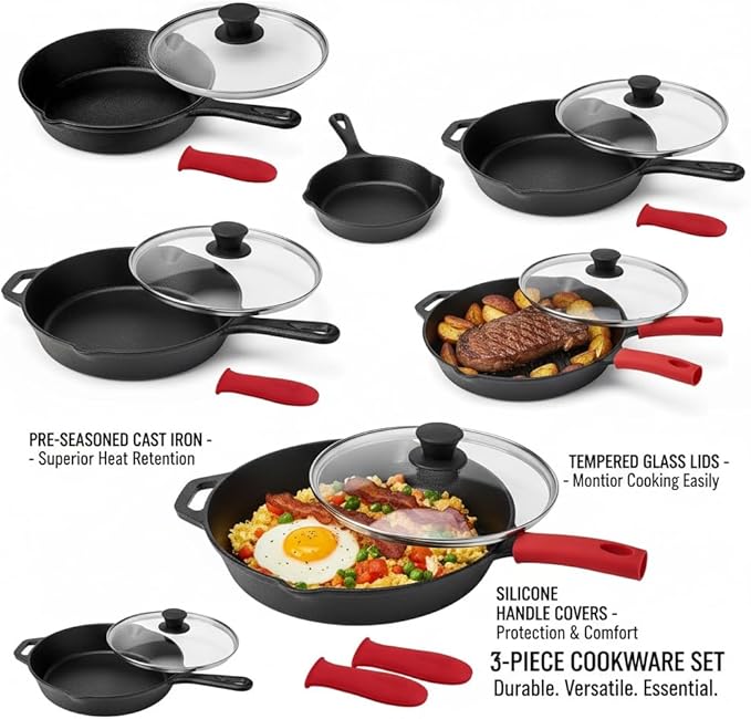9-Piece Cast Iron Skillet Set with Lids 6/8/10 Inch Skillets &amp Red Silicone Holders Stovetop Oven Grill Multipurpose Cast Iron Cookware Set