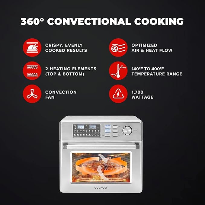 CUCKOO Air Oven | 18 Preset Modes 360 Convectional Cooking Premium Interior &amp Exterior All accessories included Black/Stainless Steel CAFO-A2601S