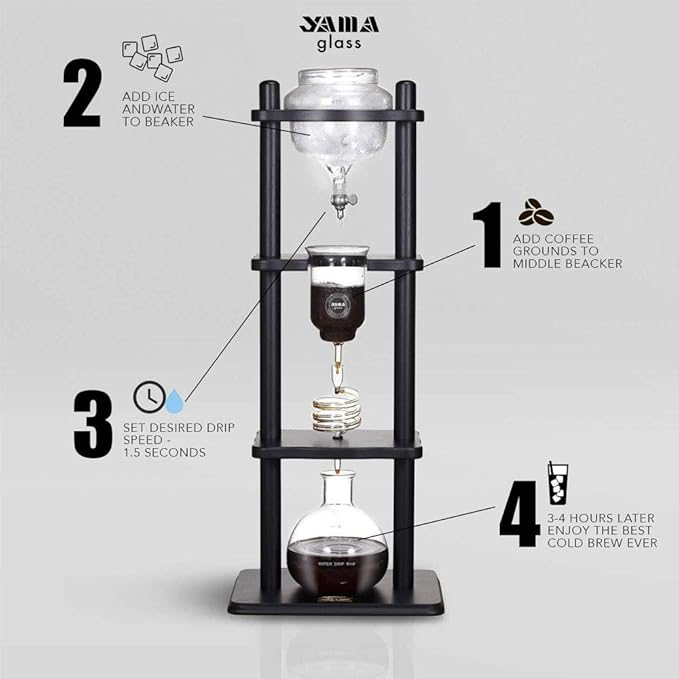 Yama Cold Brew Maker I Ice Coffee Machine With Slow Drip Technology I Makes 6-8 cups (32oz) Large Capacity Cold Brew Coffee Tower Black Wood Straight Frame