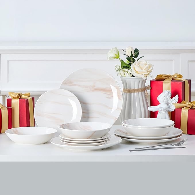 Bestone 12 Pieces Round Kitchen Dinnerware SetsPlates and Bowls setsDishes Plates Bowls Dish SetPlates and BowlsService for 4 Orange and White Marble