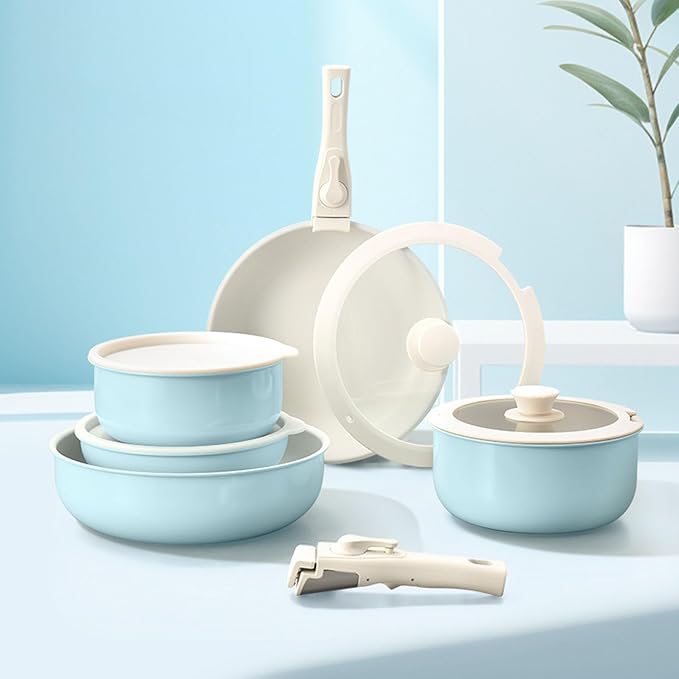 Cookware Set Non Stick 11 Piece Cookware Set with Detachable Handle Set Non Toxic Easily Clean Pot and Pans Set for Cooking Cookware Induction Blue