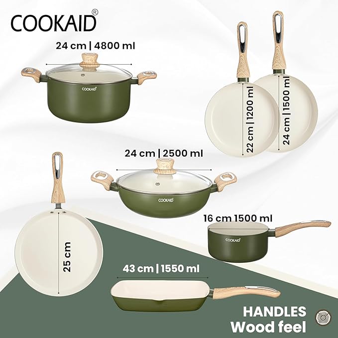 Cook &amp Serve 11 Piece Ceramic Non Stick Cookware Set with Lid Kadhai Fry Pan Dosa Tawa Saucepan Casserole Grill Pan 2 Nylon Tools