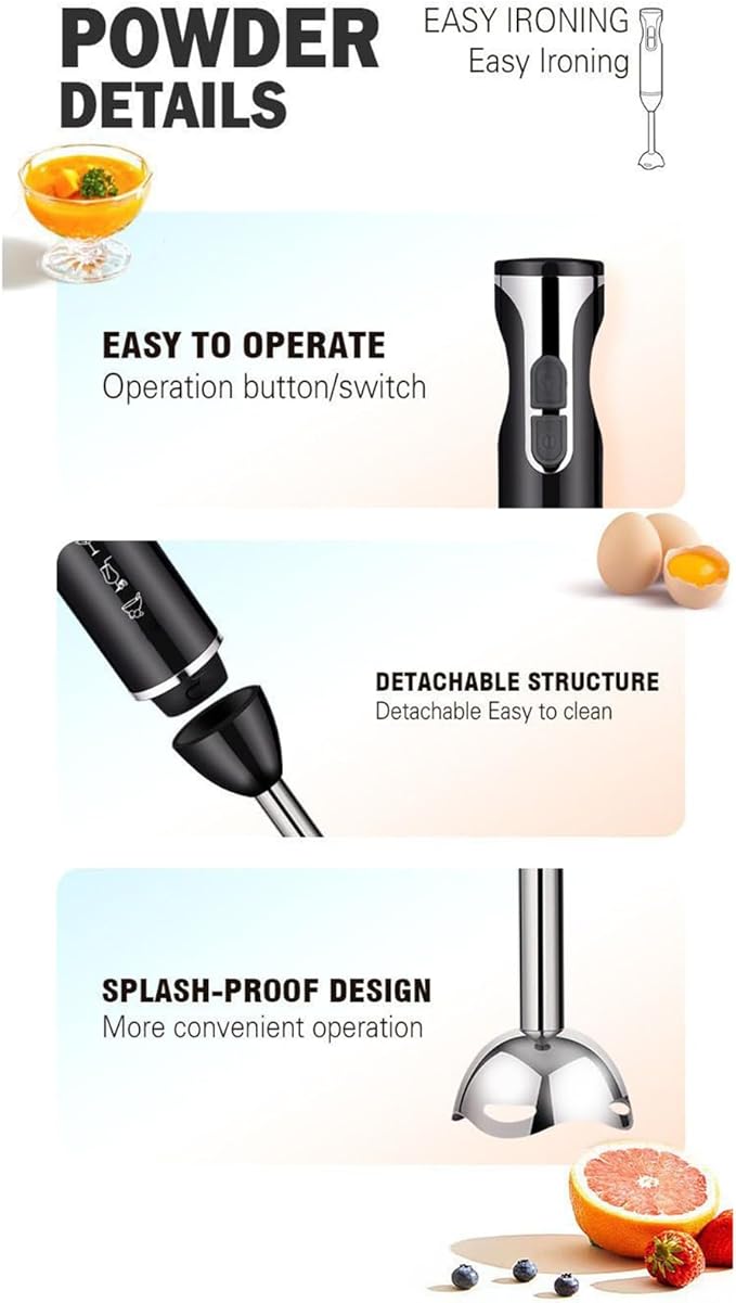 Hand Blender 1000W Handheld Kitchen Wand Cordless Egg Beater with Powerful Motor Baking Kids Food Jams Puree Meat Cream Accessory for Camping Cooks Sauce Use for Tomato Mayonnaise Fruits