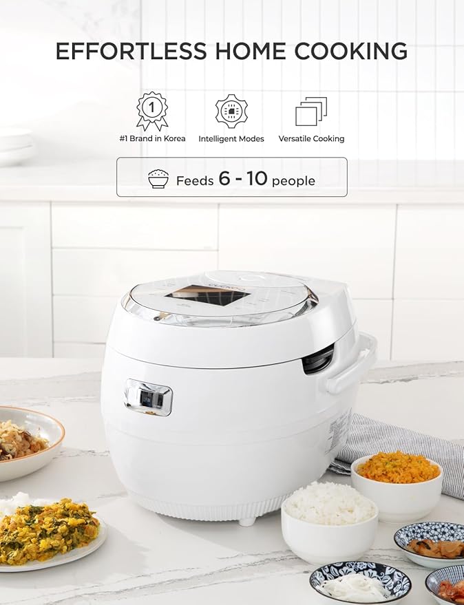 CUCKOO Micom Rice Cooker 10-Cup Uncooked / 20-Cup Cooked with Nonstick Inner Pot Large Rice Maker with 16 Menu Options Fuzzy Logic Technology Auto Clean Mode LCD Display White (CR-1020F)