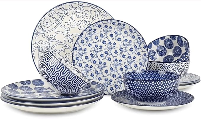 Ceramic 12-Pieces Dinnerware Sets Dish Plates and Bowls Service for 4 Dinner Salad Dessert