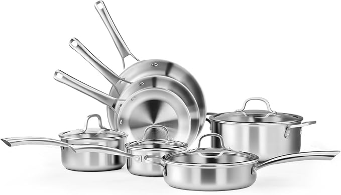 Bonnlo 11 Pieces Cookware Set 3-Ply Stainless Steel Pots and Pans Set with Lids Non-Toxic Kitchen Set Oven &amp Dishwasher Safe Induction Cooking Set PFOA &amp PTFE Free Compatible for All Coo