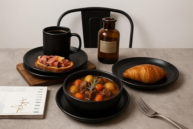 12-Piece Matte Black Dinnerware SetStoneware Dinnerware for 4 Microwave &amp Dishwasher Safe Stackable Design for Kitchen and Dining - Plates and Bowls