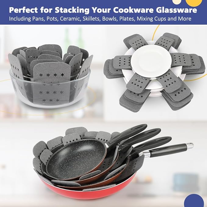 BYKITCHEN 3PCS Silicone Pan Protectors with 6PCS Felt Pan Pot Separators Dividers Pads for Stacking and Protecting Your Cookware Compatible with Hexclad Cookware Set Tfal Nonstick Frying Pans &ampM