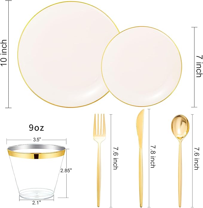 bUCLA 150PCS Ivory Plastic Plates with Gold Trim - Heavy Duty Cream Plastic Disposable for Party &amp Wedding - Include 25 Each（Dinner &amp Dessert） Plates 25 Knives 25 Forks 25 Spoons &amp 25 C