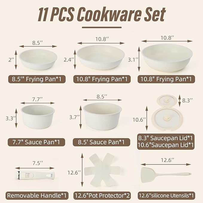 11 PCS Pots and Pans Set Non Stick Cookware Set With Removable Handles White Cookware Set Suitable for Induction Cooktops/Gas Stoves/Microwave Ovens
