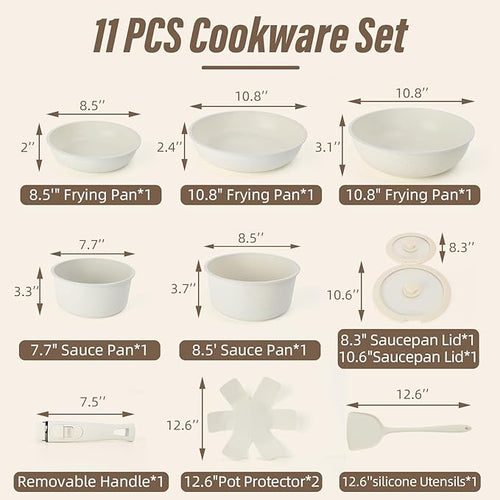 11 PCS Pots and Pans Set Non Stick Cookware Set With Removable Handles White Cookware Set Suitable for Induction Cooktops/Gas Stoves/Microwave Ovens