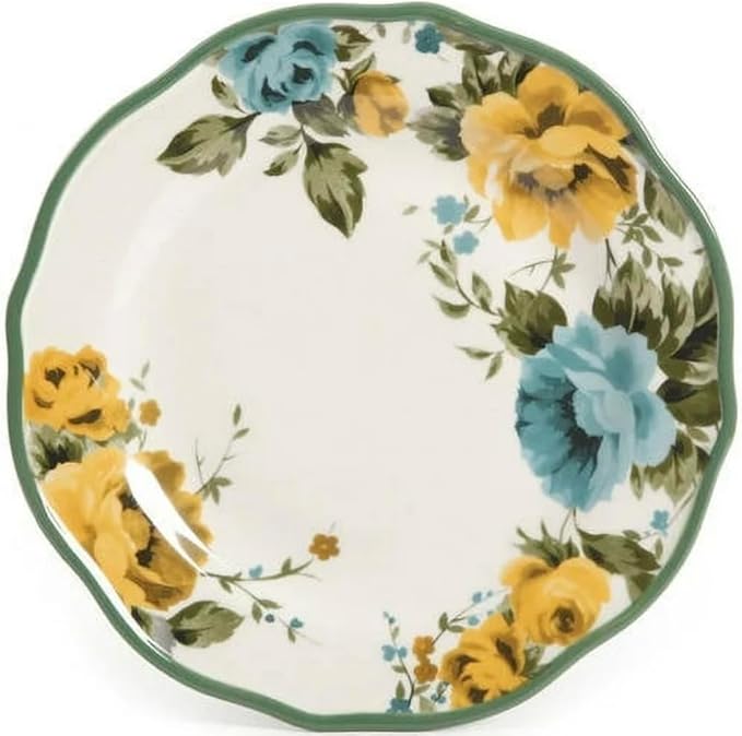 Rose Shadow 12-Piece Floral Ceramic Dinnerware Set – Service for 4 – Scalloped Edge Plates &amp Bowls – Microwave &amp Dishwasher Safe. Blue &amp Yellow Floral Country Design