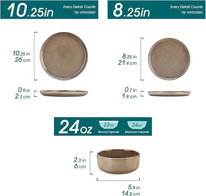 vancasso PLAYA Plates and Bowls Sets 24 Pieces Dark Brown Dinnerware Sets for Kitchen Reactive Glaze Dishes Set for 8 Dishwasher and Microwave Safe