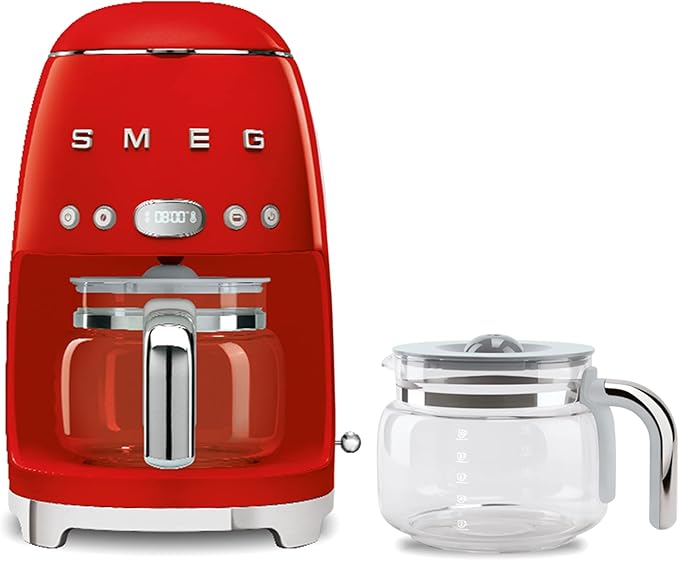Smeg DCF02 Drip Coffee Maker Bundle with Extra Glass Carafe DCFC01 – 10-Cup Capacity Auto Start Keep Warm Function Retro 1950s Design – Red