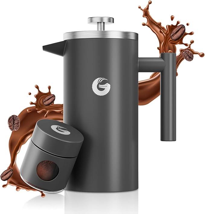 Coffee Gator 304 Grade Stainless Steel French Press Coffee Maker 34 oz Double Wall Insulated Hot Cold Brew Teapot with 4-Level Filtration System Include Travel Jar Canister Rust-Free Kitchen Gray