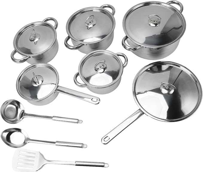 Stainless Steel Cookware Set with 4 Soup Pots 2 Saute Pans Complete Cooking Solution Heat Handles Modern for Home Cooking