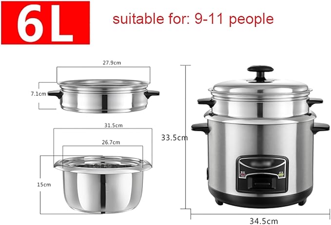 Portable Rice Cooker with Stainless Steel Inner Pot Steamer &amp Warm Functions Ideal for 1-11 People 2-6L Capacity(6L)