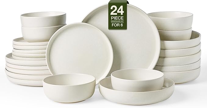 Famiware Milkyway Stoneware Dinnerware Sets with Pasta Bowls Service for 6 (24 Pieces) Reactive Glaze Plates and Bowls Sets Microwave and Dishwasher Safe Dishes Set Matte Beige White