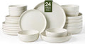 Famiware Milkyway Stoneware Dinnerware Sets with Pasta Bowls Service for 6 (24 Pieces) Reactive Glaze Plates and Bowls Sets Microwave and Dishwasher Safe Dishes Set Matte Beige White