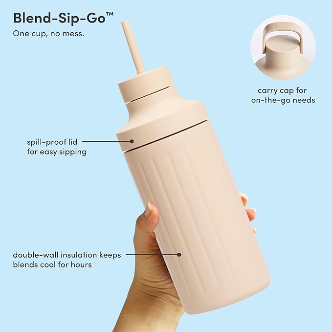 Beast Mini 600 Stainless Steel | Mini Countertop Kitchen Blender | Insulated Stainless Steel Vessel | Smoothies Shakes Dressings Sauces Dips | Portable Straw Caps and Lids | 600W (Sand)