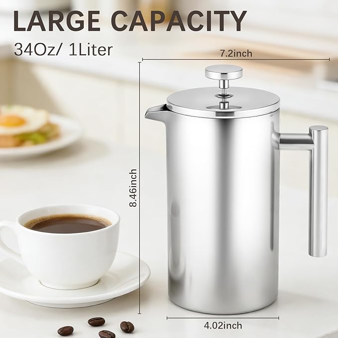 French Press Coffee Maker 304 Grade Stainless Steel French Press with 2 Extra Filters for Home Office Travel Camping - 34OZ/1 Litre (Sliver)