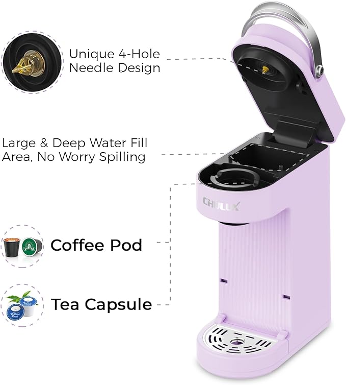 CHULUX Slim Single Serve Coffee Maker for K Pods One Cup Coffee Maker Fits 7.3 Travel Mugs Coffee Machine with 6 to 12oz Brew Sizes Lavender