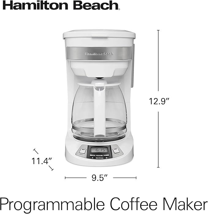 Hamilton Beach 12 Cup Programmable Drip Coffee Maker Machine Regular &amp Bold Brew Options Auto Pause and Pour Glass Carafe White (46294J)