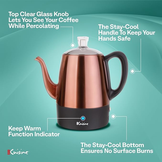Euro Cuisine PER04 Stainless Steel Electric Coffee Percolator 4 Cup Polished Copper Finish Dripless Gooseneck Spout Clear Glass Knob Brewing Indication Keep-Warm Function Detachable Cord