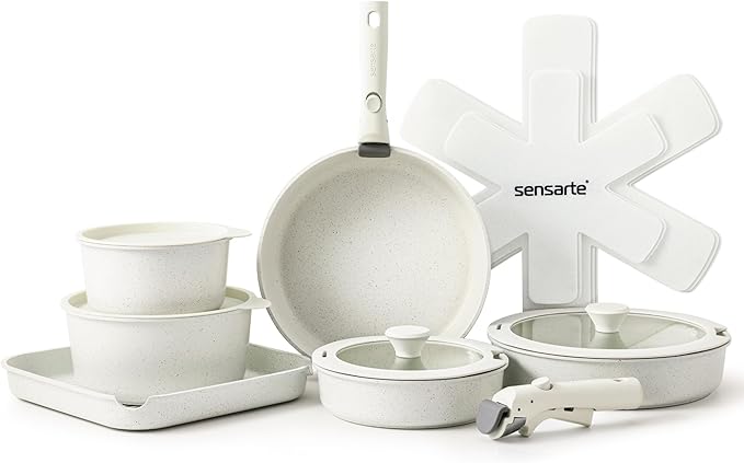 SENSARTE 17 Pcs Nonstick Detachable Handle Cookware Set 16 Pcs Nonstick Ceramic Pots and Pans Set w/Frying Pans Set Saucepans Set