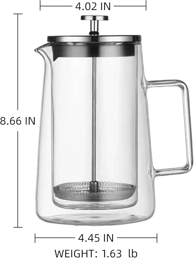 French Press Coffee Maker 34Oz (1 Liter) DoubleWall Insulated Borosilicate Glass Heat-Resistant Design Stainless Steel Filter for Coffee Tea &amp Cold Brew