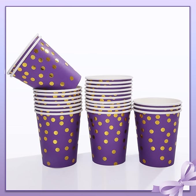 175Pcs Purple and Gold Party Decorations Purple Plates and Cups and Napkins Sets Gold Disposable Plates for Birthday Wedding Party Supplies Serves 25