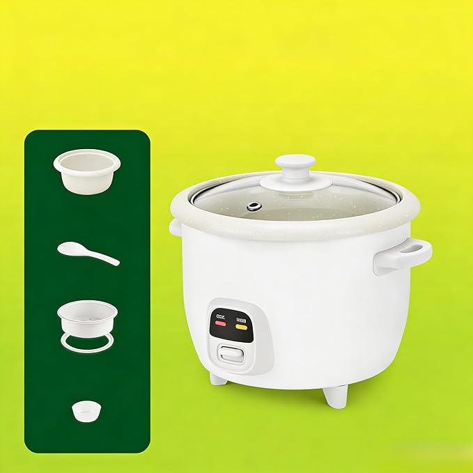 6 Cup Electric Rice Cooker and Food Steamer with Nonstick Ceramic Pot Pop Up Steam Tray White