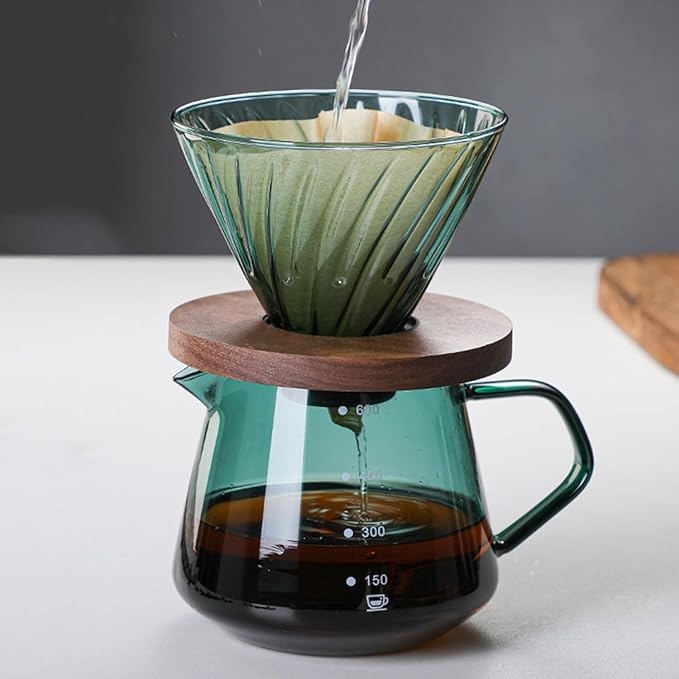 Pour Over Coffee Maker Set 600ML Glass Carafe Coffee Server with Dripper Set V60 Glass Coffee Filter with Wood Base for Home Office Gift 1-4 Cups
