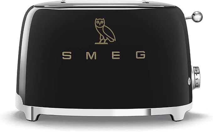 Smeg 2-Slice Toaster Stainless Steel OVO Collection Two Slice Toaster with 6 Presets and Removable Crumb Tray (Glossy Black) (Renewed)