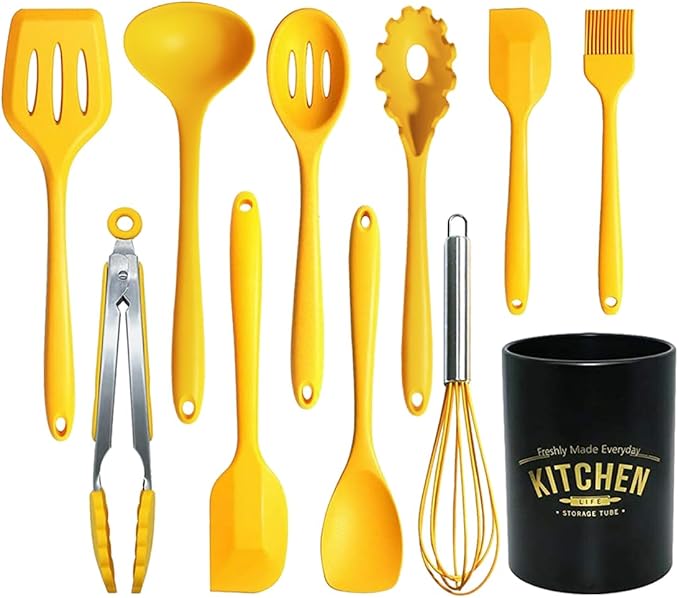 11Pcs Silicone Cooking Utensils Set - Heat Resistant Kitchen Tools Spatula Turner Tongs Spoon Whisk BPA Free Dishwasher Safe Nonstick Cookware Utensils (Yellow)
