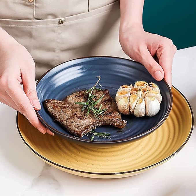 Kitchen Tableware SetCeramics Dinnerware Set Thread Pattern Chip Resistant Dinner Set/17 Pcs Porcelain Dish Set-Colorful Plates and Bowls Set for WeddingOran(