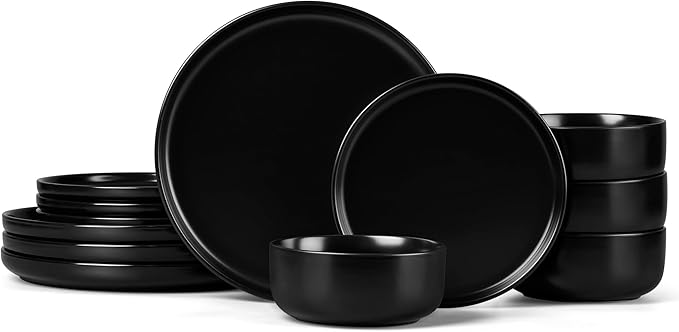 Vesteel Dinnerware Sets for 4 12-Piece Stoneware Dish and Bowls Set Handmade Reactive Glaze Coupe Plates Set for Family Chip &amp Scratch Resistant - Matte Black