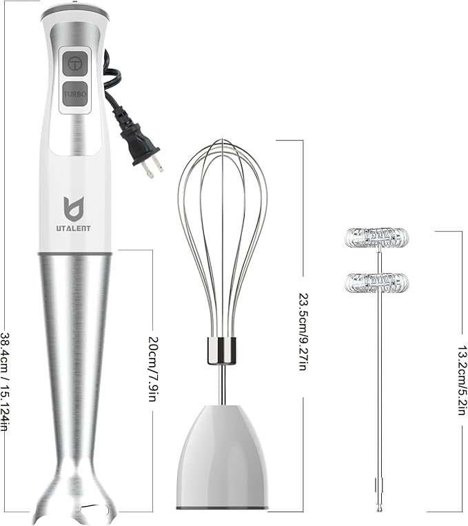 Immersion Hand Blender UTALENT 3-in-1 8-Speed Stick Blender with Milk Frother Egg Whisk for Smoothies Coffee Milk Foam Puree Baby Food Sauces and Soups - White