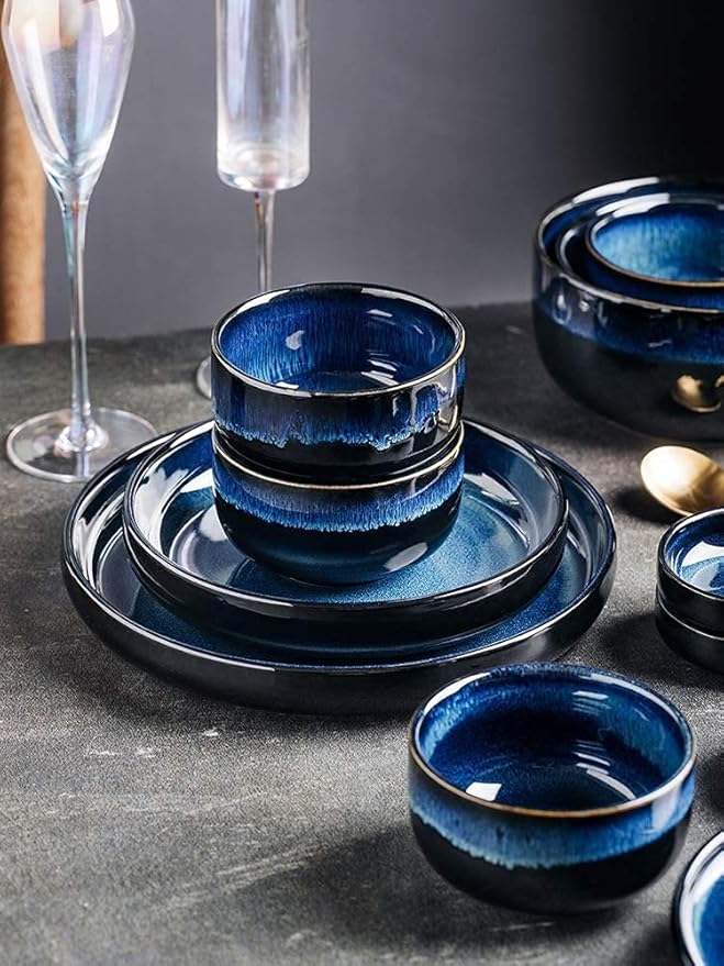 Dinner Set for Family Party Hotel Restaurant 6-39 Pieces Nordic Style Dinnerware Set Deep Sea Blue Kiln Chan