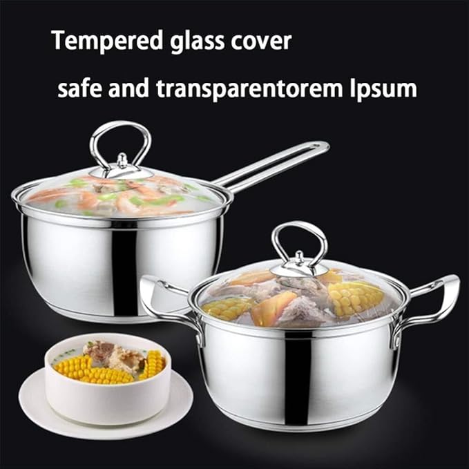 3-Piece Stainless Steel Cookware Set - Induction Safe Includes Soup Pot (20cm) Milk Pot (18cm) Steamer (22cm) with Glass Lids Ergonomic Handles Compatible with Gas &amp Induction Cookers