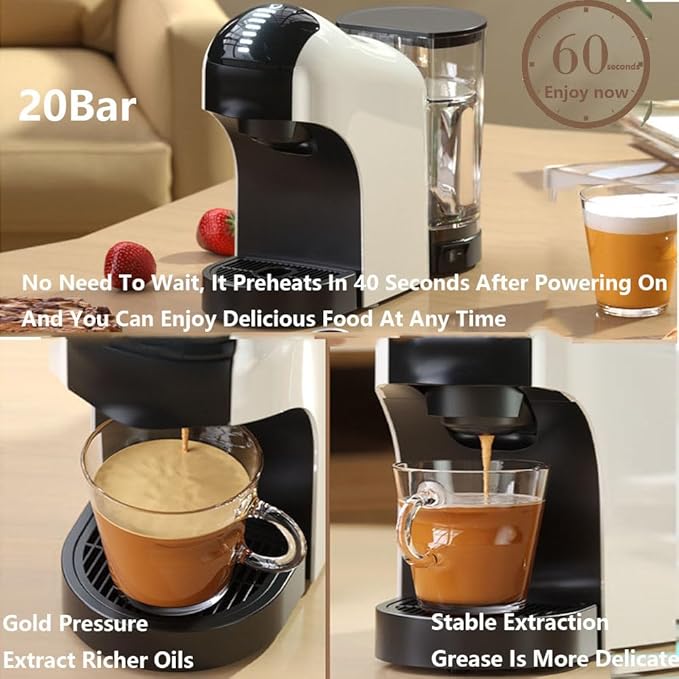 Espresso Machine 20bar Single-Serve Coffee Maker Capsule Coffee Machine 27oz Removable Water Tank Cappuccino And Latte Machine Maker For HomeWhite