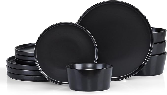 Vesteel Dinnerware Sets for 4 12Pcs Stoneware Plates and Bowls Sets Elegant Tableware set for Home Restaurant Chip &amp Scratch Resistant Dishes Set Black