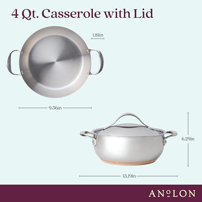 Anolon Nouvelle Stainless Steel Frying Pan/ Fry Pan/ Saute Pan/ Chefpan with Lid - 4 Quart Silver