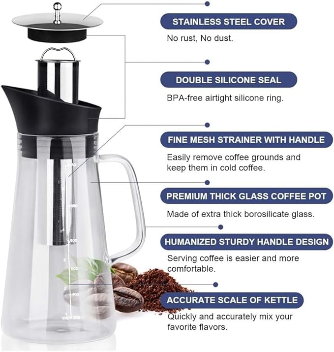 Iced Coffee Maker Machine Cold Brew Tea Pitcher Glass and Airtight Lid Coffee Pot 1.2L