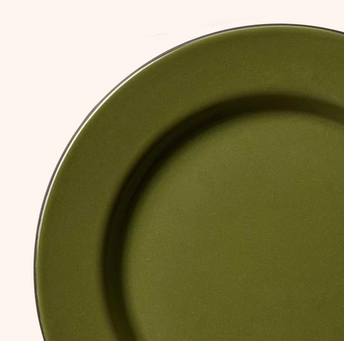 4 Piece Enamel Dinnerware Set Dark Green with Black Rim Includes Plate Bowl and Mug