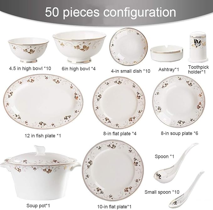 Ceramics Dinnerware Set with 50-PieceBowl/Soup Pot/Dish/Spoon|Dinner SetsGolden Rim Pattern Porcelain Combination Set