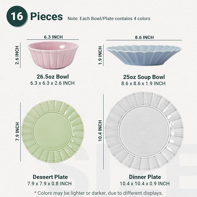 HOMBENE Dinnerware set 16 Piece plates and bowls sets for 4 Ceramic Mordern dish set for party Porcelain dish set House gift Microwavable safe Mixed Colors