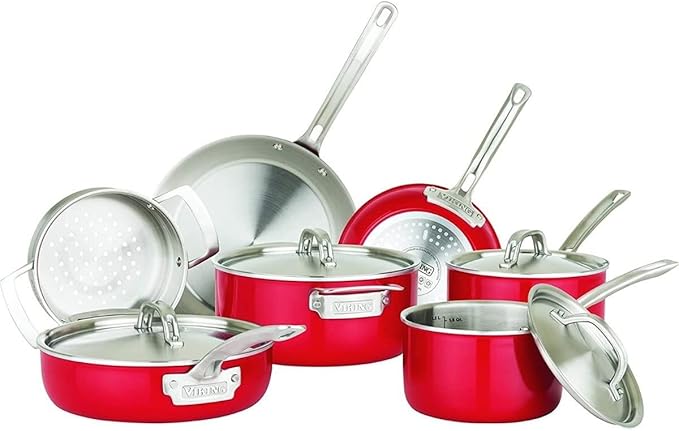 Viking Multi-Ply Color 2-Ply 11pc Cookware Set with Stainless Steel Lids Red